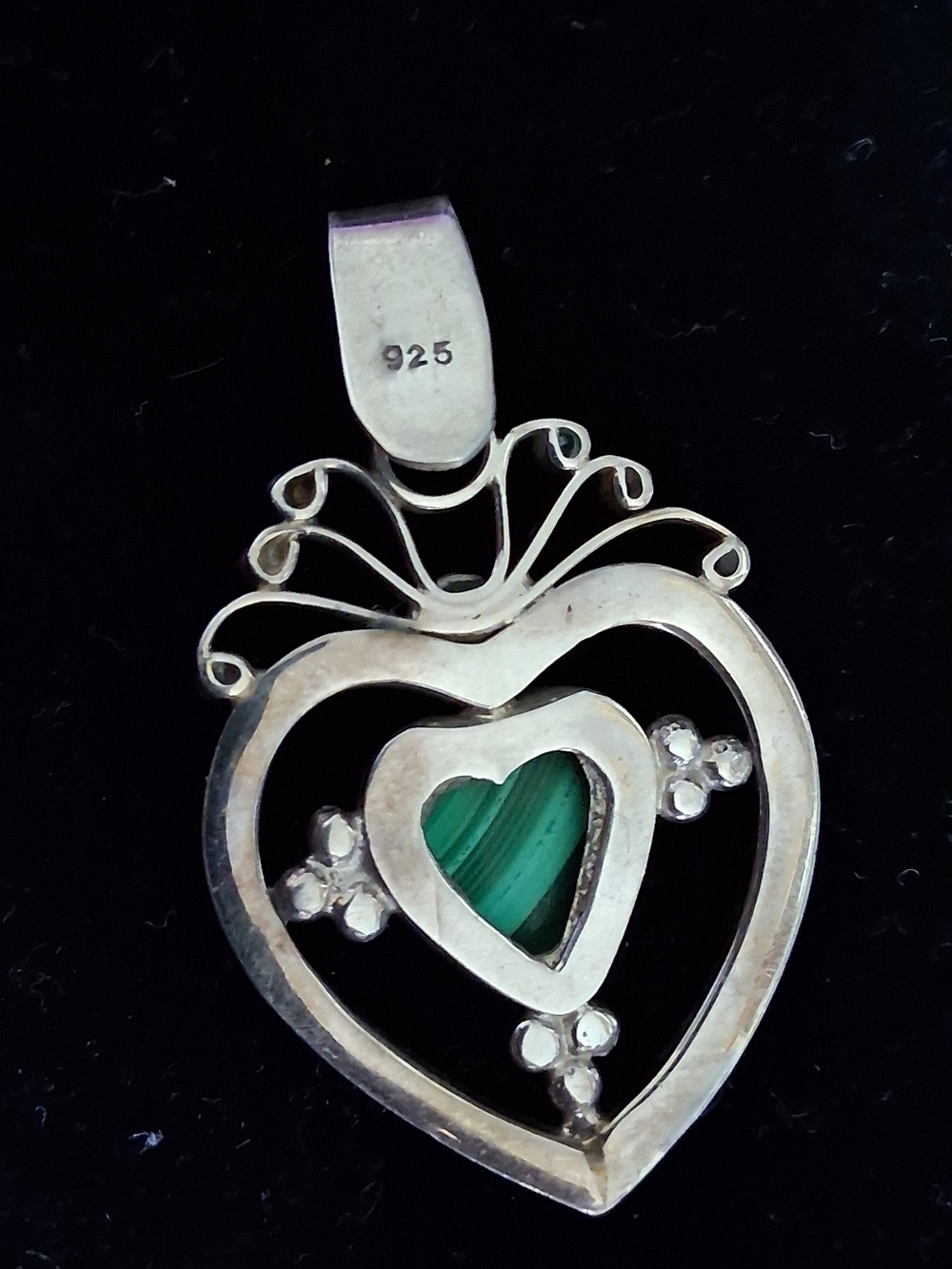 Vintage Sterling Silver Malachite Heart Pendant Boho Ornate Statement Charm - Picture 4 of 5